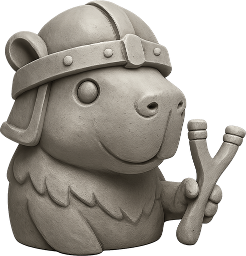 Recrealo en una escultura. Utiliza un estilo cartoon. Usas colores grises. Recuerda que es un capibara usas sus rasgos y formas. Damelo sin fondo