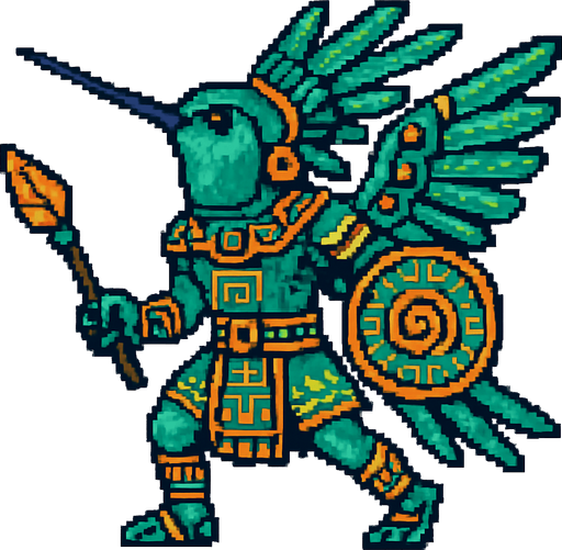 Generame un guerrero voaldor Colibrí esmeralda del Chiribiquete estilo azteca con patrones, estilo pixelar.
In-Game asset.  2d.  High contrast.  No shadows