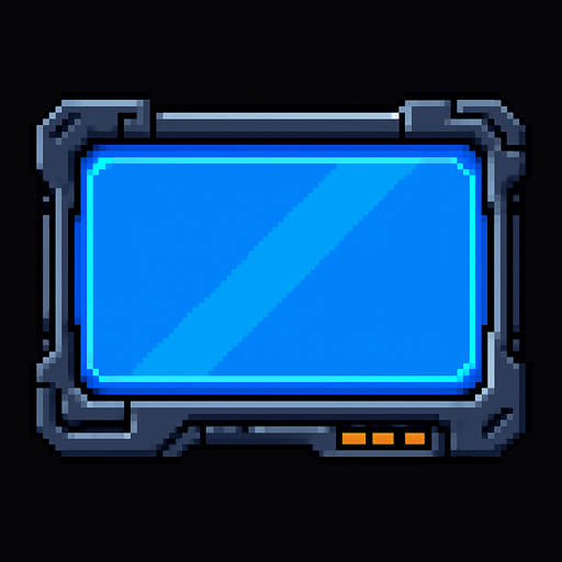 sci-fi pixel art UI panel.  glass with a steel border..
In-Game asset.  2d.  High contrast.  No shadows
