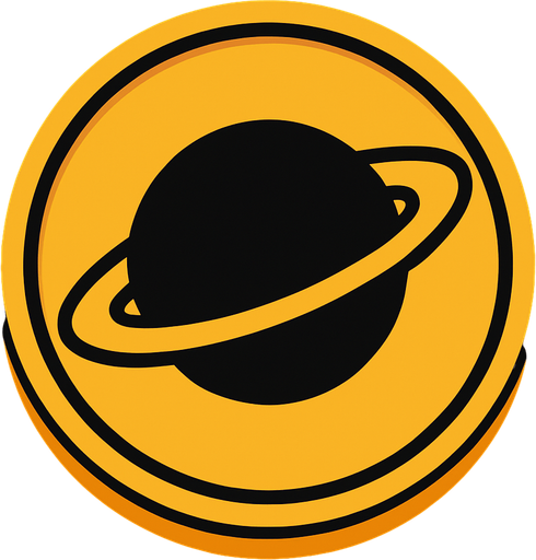A coin having saturn logo.
In-Game asset.  2d.  High contrast.  No shadows