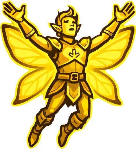 kesatria peri pria seluruh badan bercahaya melayang dengan tangan merengggang keatas.
In-Game asset.  2d.  High contrast.  No shadows