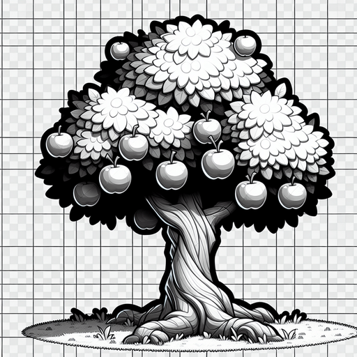 Apple tree with crown extending beyond the frame, tall trunk full height of the frame, cartoon style.
Single Game Texture. In-Game asset. 2d. Blank background. High contrast. No shadows.