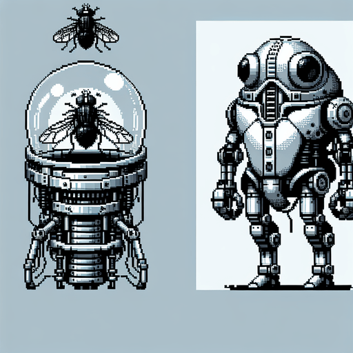 Genera un robot con una cupula de cristal donde se vea una mosca, de resto genera un cuerpo totalmente robotico de un escarabajo blindado en pixel art mirando hacia la izquierda.
Single Game Texture.  In-Game asset.  2d.  Blank background.  High contrast.  No shadows