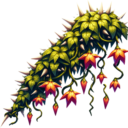 a single wildvine with spikes and flowers dangling..
Single Game Texture. In-Game asset. 2d. Blank background. High contrast. No shadows.