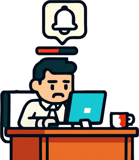 Fullscreen modern App Store landscape banner, 16:9, high definition, for a game titled "FOMO Simulator: The Meeting That Could've Been An Email" and with the description "A fast-paced office simulator where you collect meetings, emails, and notifications while managing your energy levels. Strategic decisions must be made about which workplace items to prioritize as your energy depletes. Grab coffee for boosts, avoid missing important meetings, and survive the chaotic 60-second workday!". No text on banner!.
In-Game asset.  2d.  High contrast.  No shadows