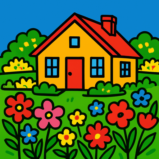 let there be a house and let the house be surrounded by lawns and flowers.
In-Game asset.  2d.  High contrast.  No shadows