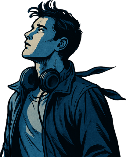 2048x2048, realistic comic style. Night sky on a rooftop, Noah gazes at the stars with headphones around his neck. Gentle wind flutters his jacket. Deep blue, nostalgic color tones. Add a transparent narrator box at the top-center with the text: "But echoes never truly die...".
In-Game asset.  2d.  High contrast.  No shadows