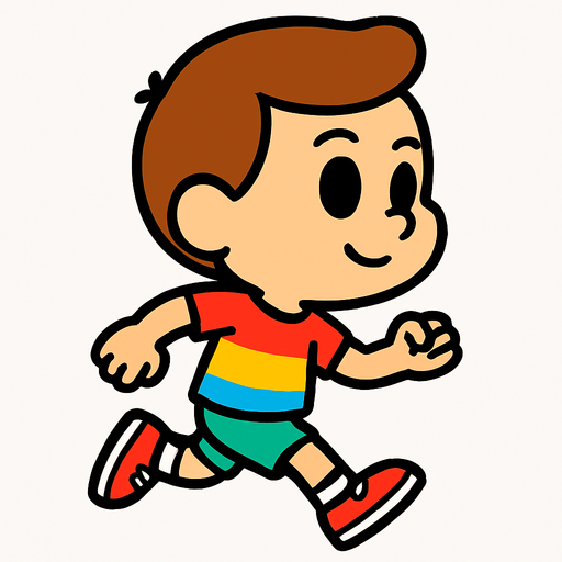 The character is a small 2D cartoon-style human with a big head and simple features. They have large eyes, a small mouth, and wear a colorful T-shirt, shorts, and sneakers. The colors are bright and friendly to make the character look playful and fun. The game is shown from a side view, so the character is always seen from the side. Only provide the running sprite, showing the character moving with simple leg and arm movements..
In-Game asset.  2d.  High contrast.  No shadows