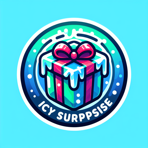 Icon for a froozen christmas present, on a circle, with the text „icy Surprise“ at top, cartoon Single Game Texture. In-Game asset. 2d. Blank background. High contrast. No shadows.