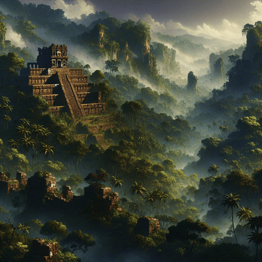 2d tropical sout america deep jungle. not far away, a ruins of ancient aztec temple..
Single Game Texture.  In-Game asset.  2d.  Blank background.  High contrast.  No shadows