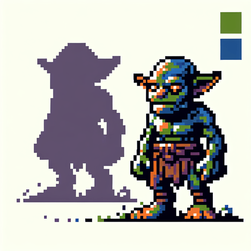 2d pixel goblin.
Single Game Texture. In-Game asset. 2d. Blank background. High contrast. No shadows.