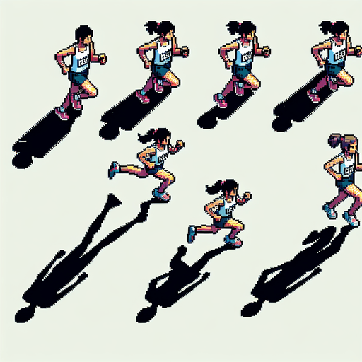 sprite sheet for a marathon runner seen directly from above in a running and jumping state. gta 2 perspective. ensure the runner is seen straight from above as in the gta 2 game. pixelated. 8 bit.
Single Game Texture. In-Game asset. 2d. Blank background. High contrast. No shadows.