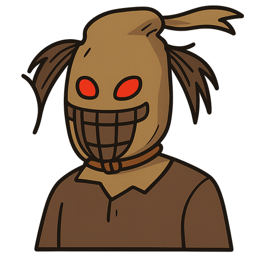 A man with a bag over his head and red eyes. No background. Transparent background. Blank background. No shadows. 2d. In-Game asset. flat
