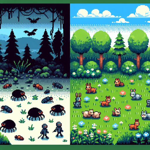 grma dengra de uhna mitad con bichos malignos atacando a personas y en la otra mitad grama verde llamativa con animales de bosque adorables
pixel art.
Single Game Texture.  In-Game asset.  2d.  Blank background.  High contrast.  No shadows