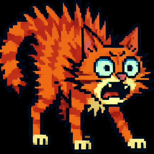 el gato asustado arqueado con los pelos parados con el mismo estilo pixel art