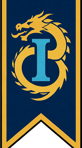 bandera larga con un simbolo de una i azul con un dragon al lado
e el diseño d ela i.
In-Game asset.  2d.  High contrast.  No shadows