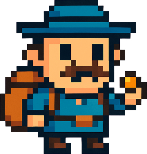 Genera una imagen de un comerciante pixel y que su cabeza sea un poco más grande que su cuerpo.
In-Game asset.  2d.  High contrast.  No shadows