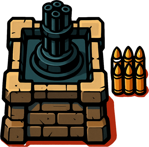 torre con 1 cañon con las balas de minigun desde arriba.
In-Game asset.  2d.  High contrast.  No shadows