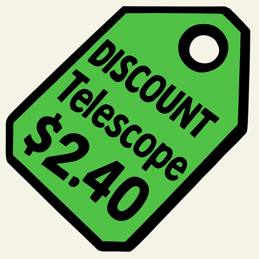 Green pricetag that says discount Telescope $2.40.
In-Game asset.  2d.  High contrast.  No shadows