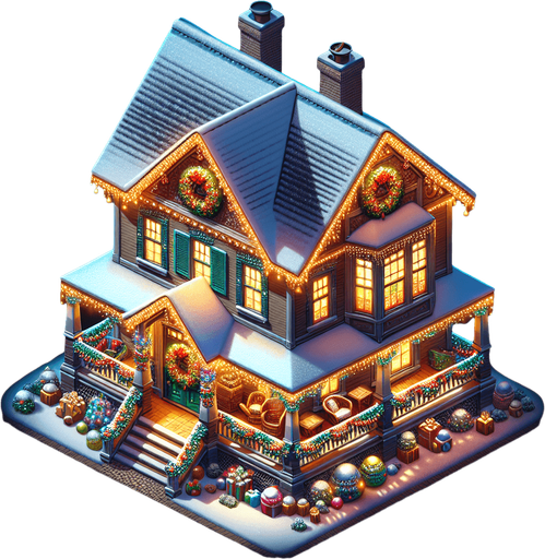 Topdown view of a very christmassy country house Single Game Texture. In-Game asset. 2d. Blank background. High contrast. No shadows.
