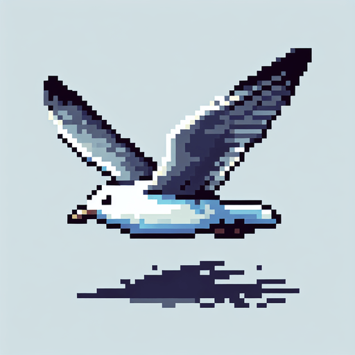 Flying seagull, 2d, pixel art.
Single Game Texture. In-Game asset. 2d. Blank background. High contrast. No shadows.