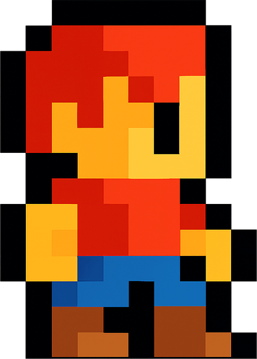 A cool platformer like 16 by 16 pixelated character no background shadows and highlights.
In-Game asset.  2d.  High contrast.  No shadows. 2d pixelated in game asset no horns