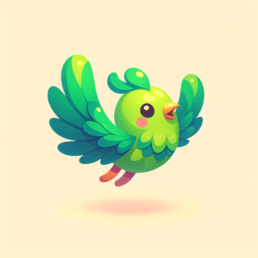 A happy little green bird flying..
Single Game Texture. In-Game asset. 2d. Blank background. High contrast. No shadows.