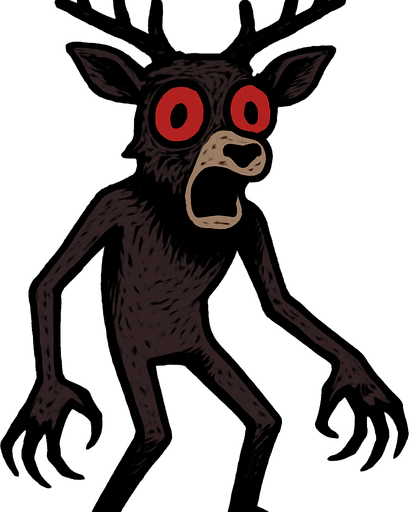 Cabeza de Ciervo: La figura posee una cabeza detallada de ciervo, con astas ramificadas de color oscuro (posiblemente negro o marrón oscuro). Tiene orejas puntiagudas y un hocico prominente de un tono más claro que el resto del cuerpo. Los ojos son grandes, completamente blancos con pupilas rojas gigantes y redondas, lo que le confiere una mirada vacía y sorprendente. La boca está abierta en una expresión que podría interpretarse como un grito o una mueca.

Cuerpo Humanoide: El cuerpo es de forma vagamente humana, con dos brazos largos y delgados que terminan en manos con lo que parecen ser garras o dedos muy alargados. Las piernas son también delgadas y la postura sugiere que está de pie. El color del cuerpo es principalmente marrón oscuro o morado oscuro..
In-Game asset.  2d.  High contrast.  No shadows