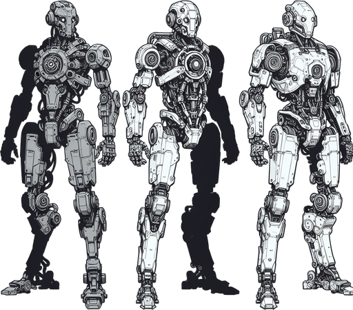 Humanoid robots.
Single Game Texture. In-Game asset. 2d. Blank background. High contrast. No shadows.