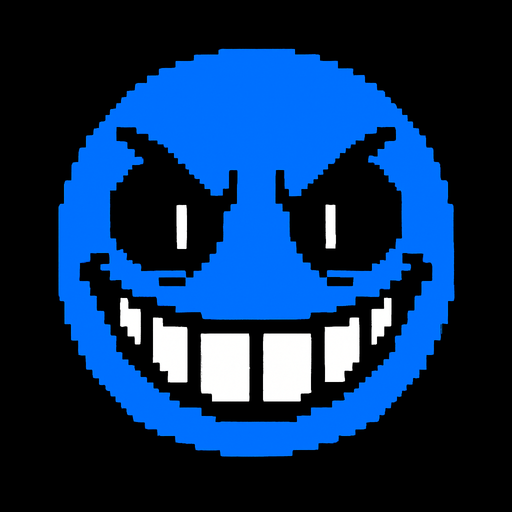 Cara sonriente malvada de color azul similar ala cara de chara se undertale.
In-Game asset.  2d.  High contrast.  No shadows