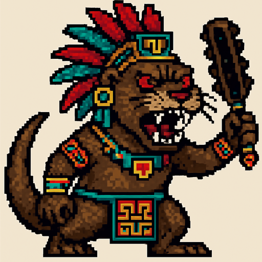 Genérame una Nutria Neotropical guerrero azteca con eso patrones, estilo pixelar, con una apariencia maligna, ojos rojos, rabioso. Unidad cuerpo a cuerpo. Animal.
In-Game asset.  2d.  High contrast.  No shadows