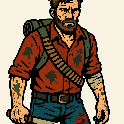 Un hombre que parece que sobrevivió a un apocalipsis zombie.
In-Game asset.  2d.  High contrast.  No shadows
