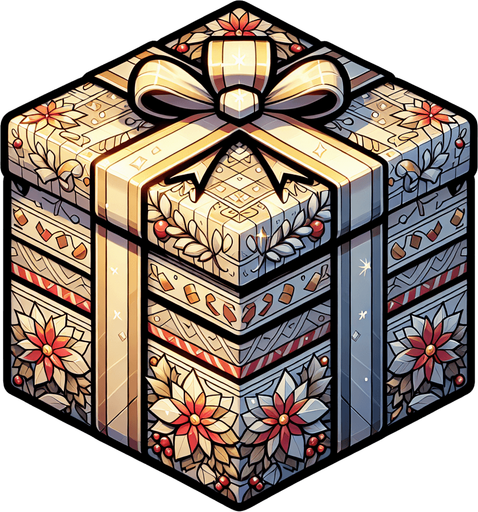 a christmas gift in beautiful glowing wrapping paper Single Game Texture. In-Game asset. 2d. Blank background. High contrast. No shadows.