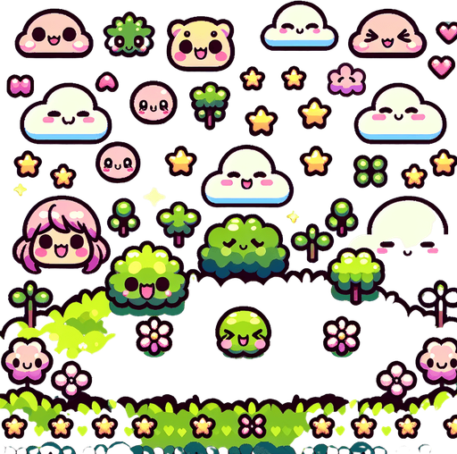 kawaii style grass feild backdrop.
Single Game Texture. In-Game asset. 2d. Blank background. High contrast. No shadows.