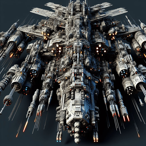 an enemy spaceship equipped with weapons.
Single Game Texture.  In-Game asset.  2d.  Blank background.  High contrast.  No shadows