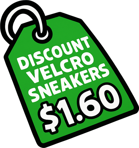 Green pricetag that says discount Velcro sneakers $1.60.
In-Game asset.  2d.  High contrast.  No shadows