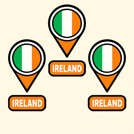 A flat, 2D game UI-style asset showing a vertical set of three country pins labeled: "ireland". Each pin includes a circular flag icon above the text label. The layout is columnar, cartoonish, and visually clean. Each pin should be exportable or usable individually for a mobile game's level selection screen..
In-Game asset.  2d.  High contrast.  No shadows