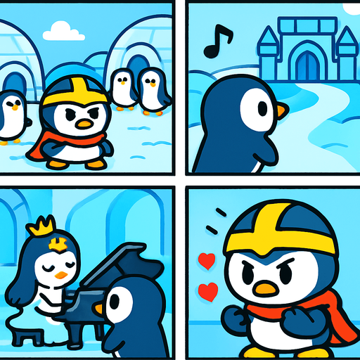 4-panel comic strip, no text, cute cartoon style, bright colors, black outlines.
Characters: Penguin Hero (small, determined) + Penguin Princess (elegant, crown) + Village Penguins
Central Theme: Music connects hearts, piano mastery wins love.  Hero sees Princess's beautiful piano playing, falls in love

Panel 1: Hero living normal life in penguin village
Panel 2: Hears beautiful piano music from Princess's ice palace
Panel 3: Sees Princess playing gracefully, hearts float around Hero
Panel 4: Hero determined but nervous, looking at his flippers.
In-Game asset.  2d.  High contrast.  No shadows