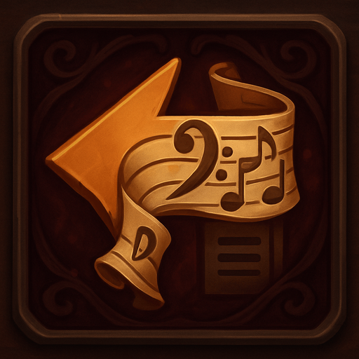 Design a button icon for "Back to Menu" in a fantasy tower defense game set in a haunted, musical concert hall.

The button should feature a stylized arrow pointing left, wrapped in or formed by musical elements such as a ribbon of notes, a bass clef, or a scroll with a staff line.

The background should be elegant and soft: deep velvet red or dark wood with subtle glow.
Optional: add a small menu symbol (like sliders or a parchment icon) subtly integrated behind or beneath the arrow.

Keep the icon square (256×256 px), readable at small sizes, and without text.
Style should match the UI of the game—refined, fantasy-themed, and orchestral in tone..
In-Game asset.  2d.  High contrast.  No shadows