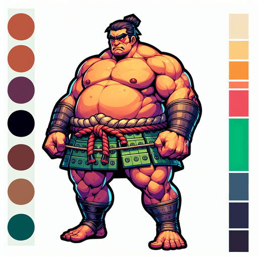 a samurai sumo big in size.
Single Game Texture. In-Game asset. 2d. Blank background. High contrast. No shadows.