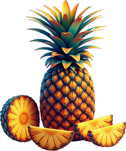 A pineapple with a few slices of pineapple in front.
Single Game Texture. In-Game asset. 2d. Blank background. High contrast. No shadows.
