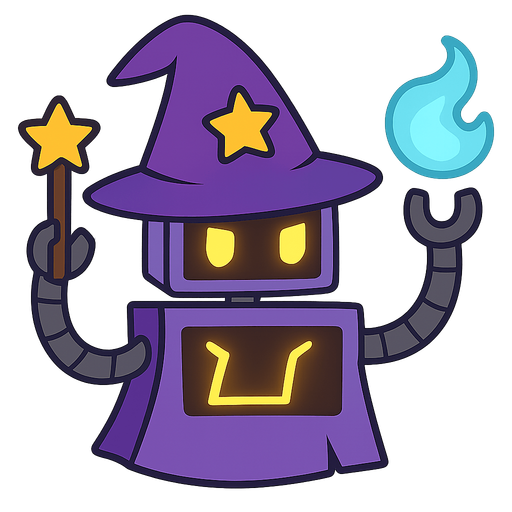 a magic wizard robot. No background. Transparent background. Blank background. No shadows. 2d. In-Game asset. flat