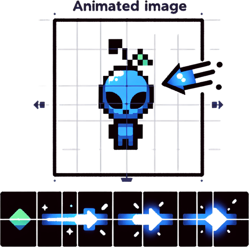 SINGLE alien  in BLUE color with GIF animation of arrows  animation with a spark at the end of the sprite animation.
Single Game Texture. In-Game asset. 2d. Blank background. High contrast. No shadows.
