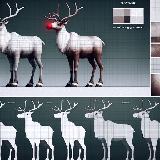 Rudolf the adult rednose Raindeer in a full side viewed position Single Game Texture. In-Game asset. 2d. Blank background. High contrast. No shadows.