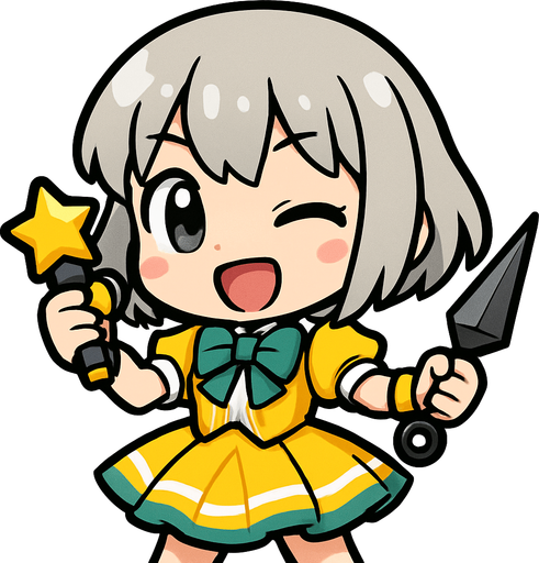 Esta chica tiene un diseño de estilo chibi anime, lo que le da un aspecto adorable y expresivo. Aquí va una descripción detallada:

🔸 Apariencia general:
Es una niña pequeña de proporciones caricaturescas, con cabeza grande y cuerpo diminuto, típica del estilo chibi.

🔸 Cabello:
Cabello platinado o gris, corto, llega hasta sus hombros. Flequillo recto.

🔸 Ropa:
Viste un traje colorido similar al de una idol japonesa:

Vestido amarillo y blanco con detalles verdes

Moño verde en el pecho

Falda con vuelo, adornada con líneas blancas y amarillas

🔸 Accesorios:

Lleva un micrófono con forma de estrella en una mano, lo que sugiere que es una cantante o idol.

En la otra mano, sostiene kunak, lo cual le da un toque de una ninja alegre
🔸 Expresión:
Tiene una expresión alegre, decidida y enérgica, como si estuviera lista para una canción. Un ojo cerrado y la boca abierta de felicidad, simulando que canta feliz para sus fans.
In-Game asset.  2d.  High contrast.  No shadows