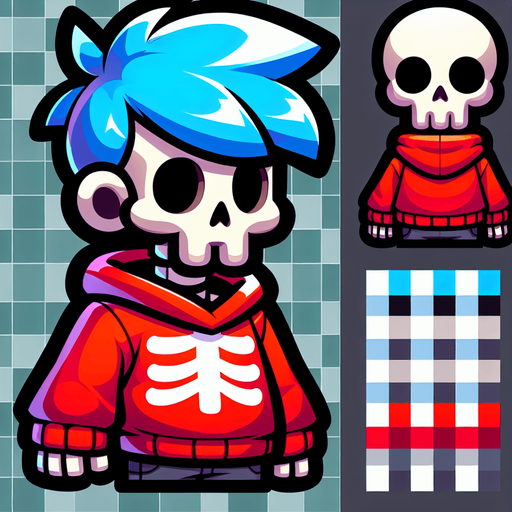 skeleton hair blu felpa rosso.
Single Game Texture.  In-Game asset.  2d.  Blank background.  High contrast.  No shadows