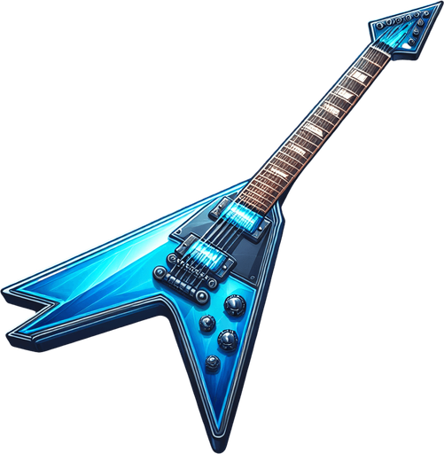 Blue Electric guitar flying v.
Single Game Texture.  In-Game asset.  2d.  Blank background.  High contrast.  No shadows