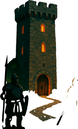 A hidden stone tower in a lush mountain pass, guarded by loyal knights, soft firelight glowing from narrow windows, peaceful and fortified, realistic.
In-Game asset.  2d.  High contrast.  No shadows