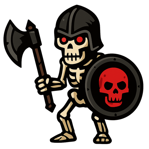 Skeleton with it's skull covered with a dark helmet, a dark axe and a shield with a red skull in the middle.
In-Game asset.  2d.  High contrast.  No shadows