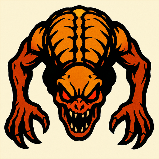 Üstten görünümlü sırt kısmı tarafı ve kafası aşağı doğru oyuncuya bakan bir yaratık.
In-Game asset.  2d.  High contrast.  No shadows